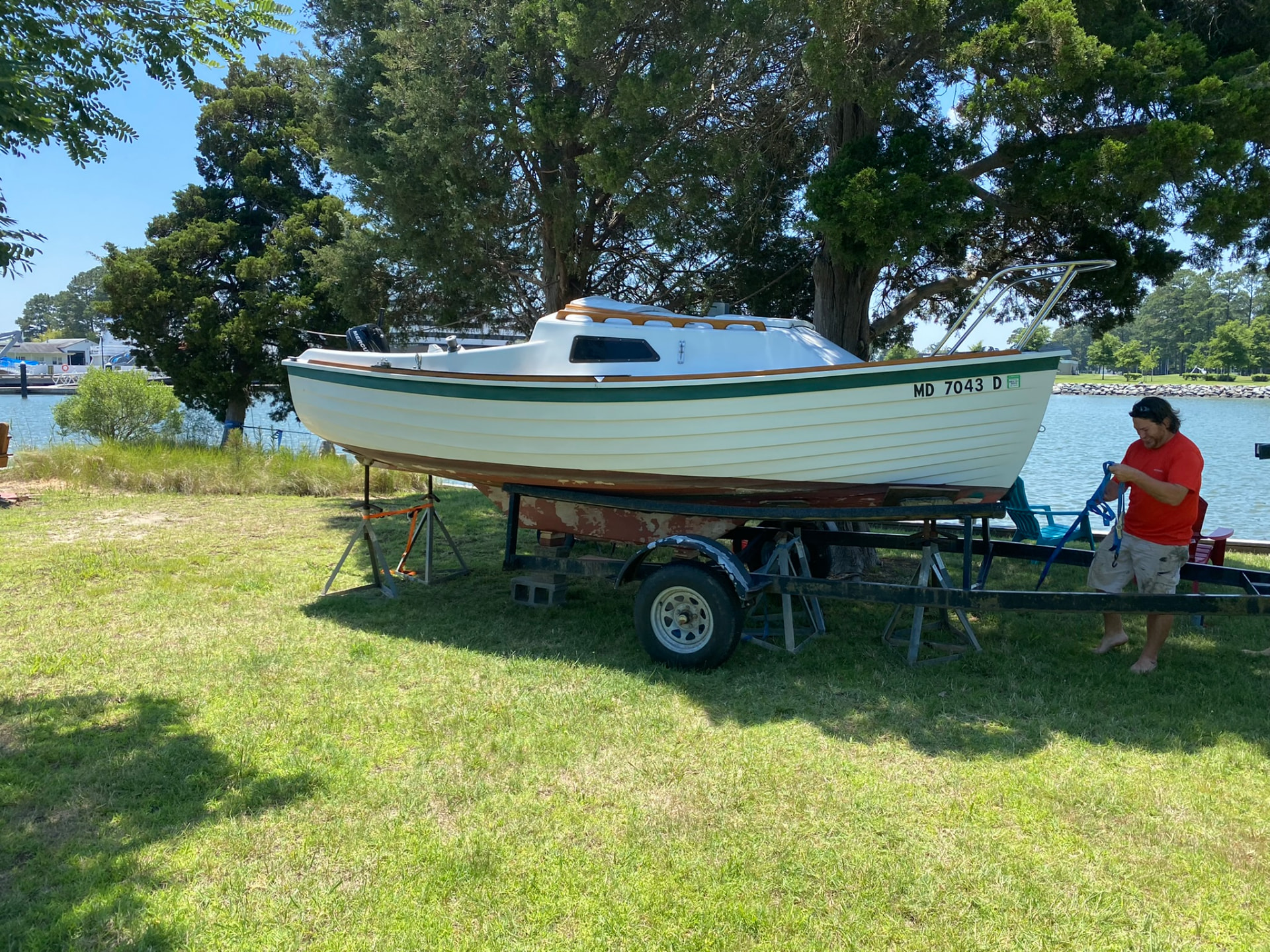 Spoonful on her trailer with fresh paint on the topsides