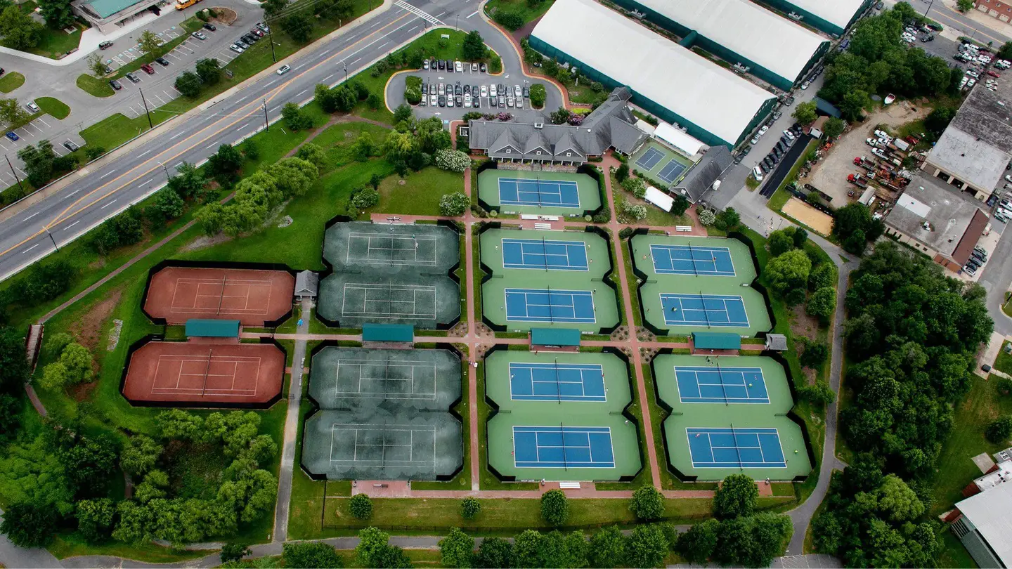 Aerial view of the Junior Tennis Champions Center tennis courts in College Park, Maryland